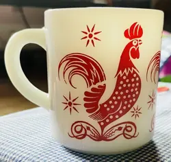 VINTAGE HAZEL ATLAS RED ROOSTER MILK GLASS COFFEE CUP MUG