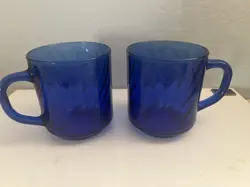 2 VINTAGE ARCOROC COBALT BLUE SWIRL GLASS COFFEE CUPS MUGS - MADE IN FRANCE