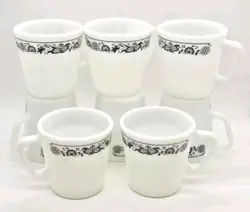 SET OF 8 PYREX OLD TOWN BLUE ONION D HANDLE MILK GLASS COFFEE MUGS #1410 VINTAGE