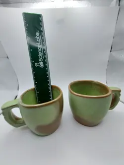 SET OF 2 VINTAGE FRANKOMA POTTERY 5C PRAIRIE GREEN PLAINSMAN COFFEE MUGS