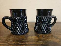 2 INDIANA GLASS TIARA CAMEO BLACK DIAMOND POINT COFFEE MUGS MCM VINTAGE 