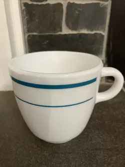 VINTAGE ANCHOR HOCKING ANCHORWARE 910 TEAL BLUE STRIPE MILK GLASS COFFEE MUG CUP