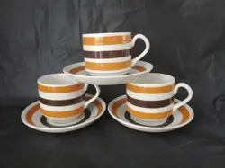 3 SETS VINTAGE CARRIGALINE IRISH POTTERY COFFEE MUG & SAUCER BROWN STRIPE  RARE 