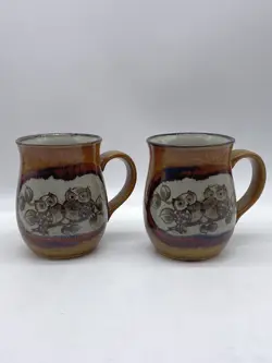 VTG OTAGIRI DRIP GLAZED SPECKLED OWLS MUG COFFEE TEA STONEWARE POTTERY SET OF 2