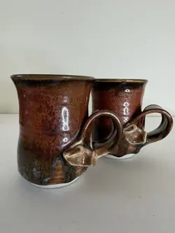 HAND THROWN STUDIO POTTERY MUG SET SIGNED VINTAGE ART POTTERY DRIP GLAZE UNIQUE
