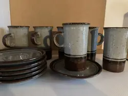 VINTAGE OTAGIRI POTTERY STONEWARE COFFEE ESPRESSO MUGS SAUCERS SET OF 6 JAPAN