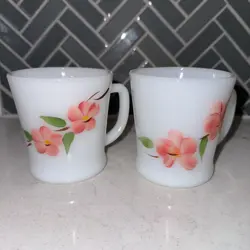 TWO FIRE KING PEACH BLOSSOM MUGS CUPS ANCHOR HOCKING VINTAGE MILK GLASS FLOWERS