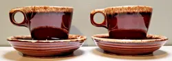 HULL BROWN DRIP GLAZE COFFEE TEA CUP MUG SAUCER SET VINTAGE