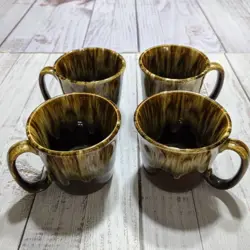 VINTAGE USA POTTERY BROWN DRIP GLAZE COFFEE MUG TEA CUP SET OF 4