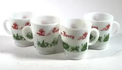 VINTAGE TOM & JERRY CHRISTMAS DRINK CUPS HAZEL ATLAS MILK GLASS HOLIDAY 4 MUGS