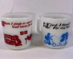 2 VINTAGE HAZEL ATLAS CHILD'S MILK GLASS PRAYER MUGS CUPS