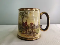GIBSONS STAFFORDSHIRE ENGLAND  FOX HUNT  POTTERY MUG STEIN GOLD TRIM VINTAGE