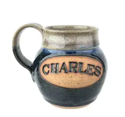 VTG SCHMITZ ART POTTERY BLUE GRAY DRIP GLAZE STONEWARE MUG PERSONALIZED CHARLES