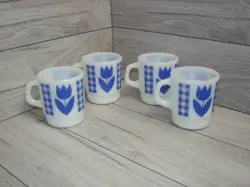 LOT OF 4 VINTAGE MILK GLASS BLUE TULIP THERMOCRISA MUG