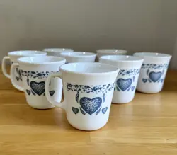 VINTAGE CORNING WARE CORELLE WHITE/SPONGE BLUE HEART COFFEE MUG CUPS SET OF 8
