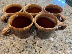 SET OF 5 VINTAGE HULL POTTERY BROWN DRIP GLAZE COFFEE CLOSED HANDLE MUGS