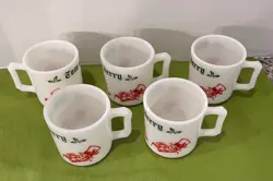 VINTAGE TOM & JERRY CHRISTMAS DRINK CUPS HAZEL ATLAS MILK GLASS HOLIDAY MUGS (5)