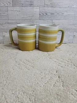 VINTAGE ORTAGIRI STYLE STONEWARE MUSTARD YELLOW STRIPES MUGS (2)
