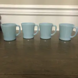 VTG FIRE KING OVEN WARE TURQUOISE DELPHITE BLUE GLASS MUGS W/ D HANDLE SET OF 4