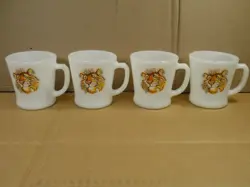 VINTAGE FIRE KING ESSO TIGER PROMOTIONAL MILK GLASS COFFEE MUGS 1950S LOT OF 4