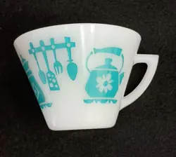 HAZEL ATLAS KITCHEN AIDS TURQUOISE TEA COFFEE MUG VINTAGE RETRO MILK GLASS