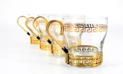VINTAGE MCM LIBBEY GOLD GREEK KEY CONTINENTAL GLASS COFFEE CUPS MUGS SET OF 4