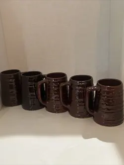 5 VINTAGE HULL MARCREST BROWN DAISY DOT STONEWARE COFFEE CUP MUG BEER STEIN 5”