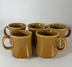 VTG DCC USA POTTERY 5 GOLD MUSTARD BROWN RESTAURANT WARE 10 OZ COFFEE CUPS MUGS