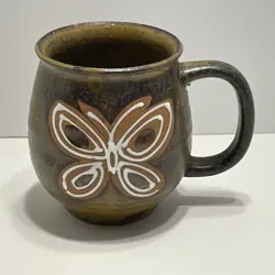 VINTAGE DRIP GLAZED BUTTERFLY STUDIO ART POTTERY COFFEE MUG TEA CUP BROWN