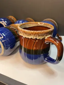 SET OF 6 VINTAGE BLUE AND BROWN DRIP GLAZE COFFEE MUGS
