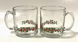 VINTAGE LIBBEY ARBY'S CHRISTMAS HOLLY BERRY GLASS COFFEE MUGS GOLD RIM SET OF 2