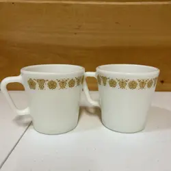 PAIR OF VINTAGE PYREX BUTTERFLY GOLD D-HANDLE MILK GLASS COFFEE CUP MUG