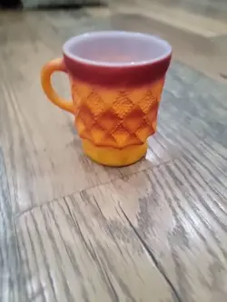 VINTAGE ANCHOR HOCKING FIRE KING KIMBERLY DIAMOND ORANGE COFFEE CUP MUG EUC
