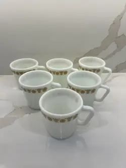 SET OF 6 VINTAGE PYREX CORNING COFFEE CUPS MUGS BUTTERFLY GOLD D HANDLE