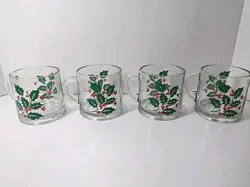 VINTAGE SET OF 4 HOLLY BERRY INDIANA GLASS CHRISTMAS COFFEE TEA EGGNOG MUGS CUPS