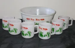 VINTAGE 1950'S HAZEL ATLAS MILK GLASS CHRISTMAS EGG NOG SET PUNCH BOWL & 6 MUGS