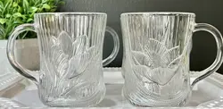SET OF 4 ARCOROC FRANCE CANTERBURY CROCUS 10 OZ CLEAR GLASS MUGS CUPS 4” VINTAGE