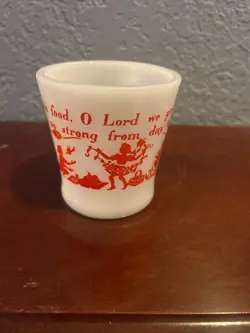 VINTAGE FIRE KING PRAYER MUG BLESS THIS FOOD RED SILHOUETTE MILK GLASS MUG USA