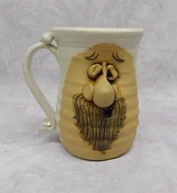 UGLY MUG FUNNY FACE POTTERY COFFEE MUG SIGNED PETER PETRIE 1970S VINTAGE