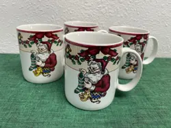 FITZ & FLOYD SANTA'S LIST SET OF 4 MUGS VINTAGE CHRISTMAS