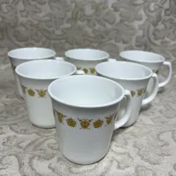 6 VINTAGE PYREX CORNING WARE BUTTERFLY GOLD COFFEE MUGS CUPS D HANDLE