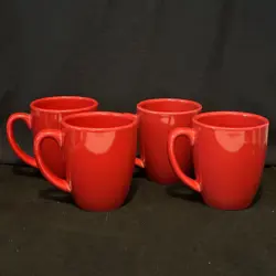CORELLE COORDINATES STONEWARE BRIGHT RED MUGS COFFEE CUP SET OF 4 *VINTAGE