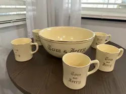 VTG FIESTA HOMER LAUGHLIN TOM & JERRY LG BOWL W/MATCHING 5 MUGS GOLD RING