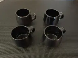 VINTAGE FRANKOMA GC POTTERY BLACK HANDLED COFFEE MUG SET OF 4 CERAMIC SMALL CUP