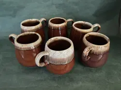 5 VINTAGE MCCOY POTTERY USA #7025 BROWN DRIP GLAZE  COFFEE MUGS