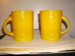 2 VINTAGE ANCHOR HOCKING FIRE KING OVEN PROOF YELLOW BARREL COFFEE MUGS