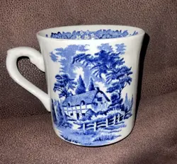 VINTAGE J&G MEAKIN ENGLAND COFFEE CUP MUG COTTAGE SCENE BLUE WILLOW WHITE -U