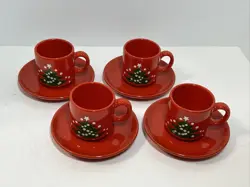 VINTAGE WAECHTERSBACH RED CHRISTMAS TREE CUPS SAUCERS SET OF 4 WEST GERMANY MUG