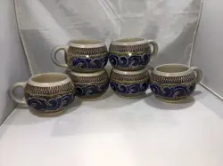 VINTAGE GERMAN SALT GLAZE STONEWARE 6 MUGS CUPS COBALT BLUE SIGNED