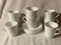 CORNING CORELLE ENHANCEMENTS WHITE SWIRL CUPS MUGS & SAUCERS SET OF 8 VINTAGE